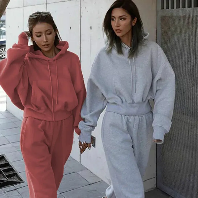 Women's Solid Color Two-Piece Tracksuit – Hoodie & Wide-Leg Pants Set