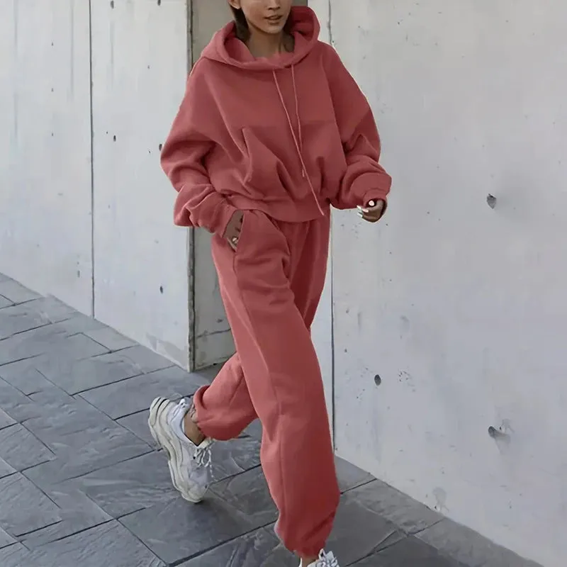 Women's Solid Color Two-Piece Tracksuit – Hoodie & Wide-Leg Pants Set