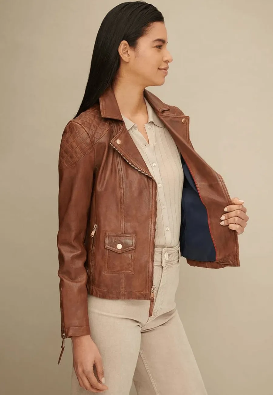 Women's Tan Brown Leather Biker Jacket