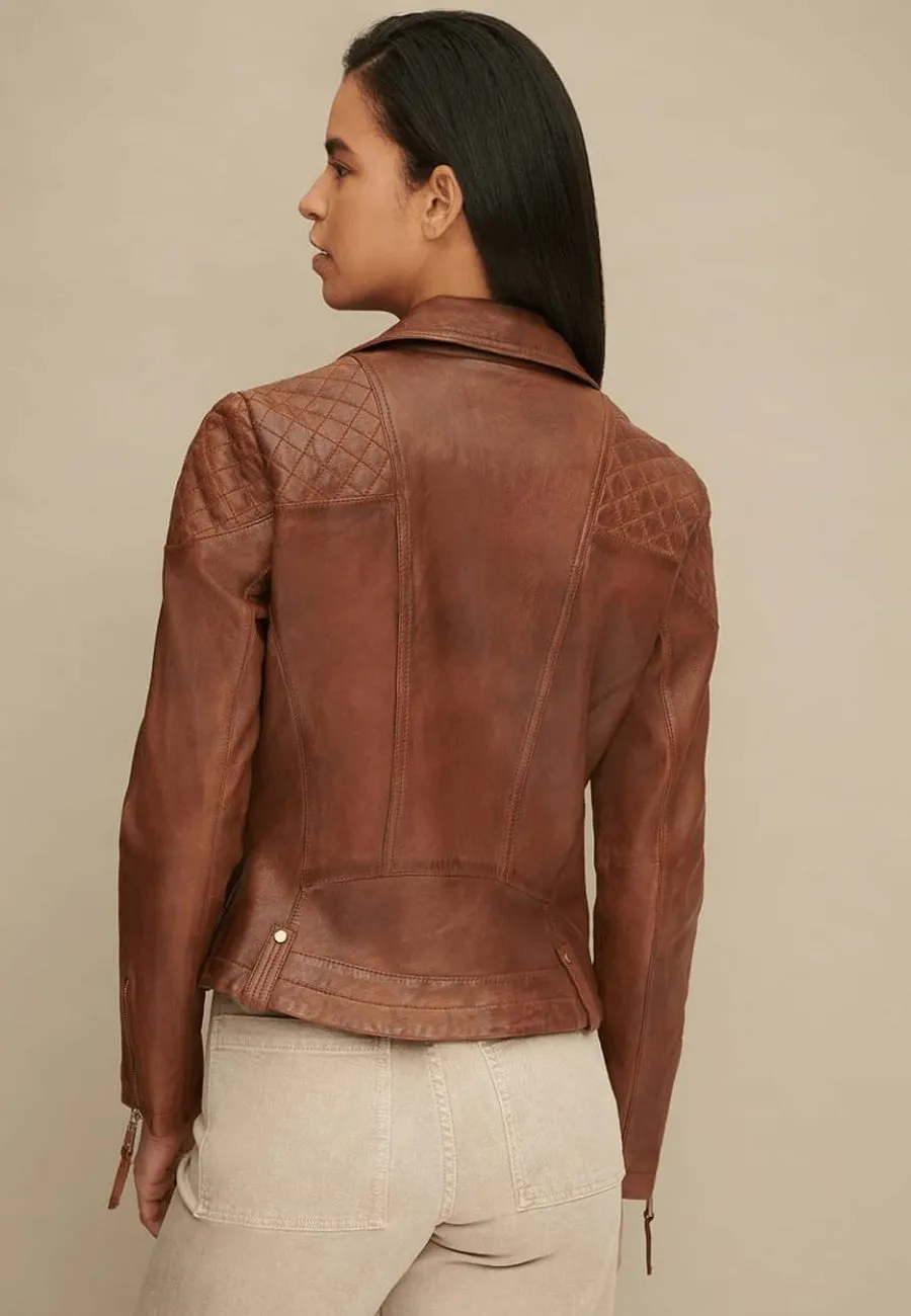 Women's Tan Brown Leather Biker Jacket