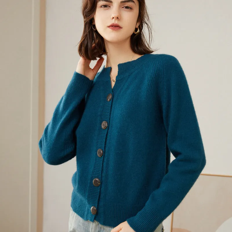 Women's Thickened Cashmere Cardigan Knitted Short Round Neck Sweater