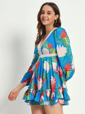 Women's V-neck Lace Design Floral Printed Dress