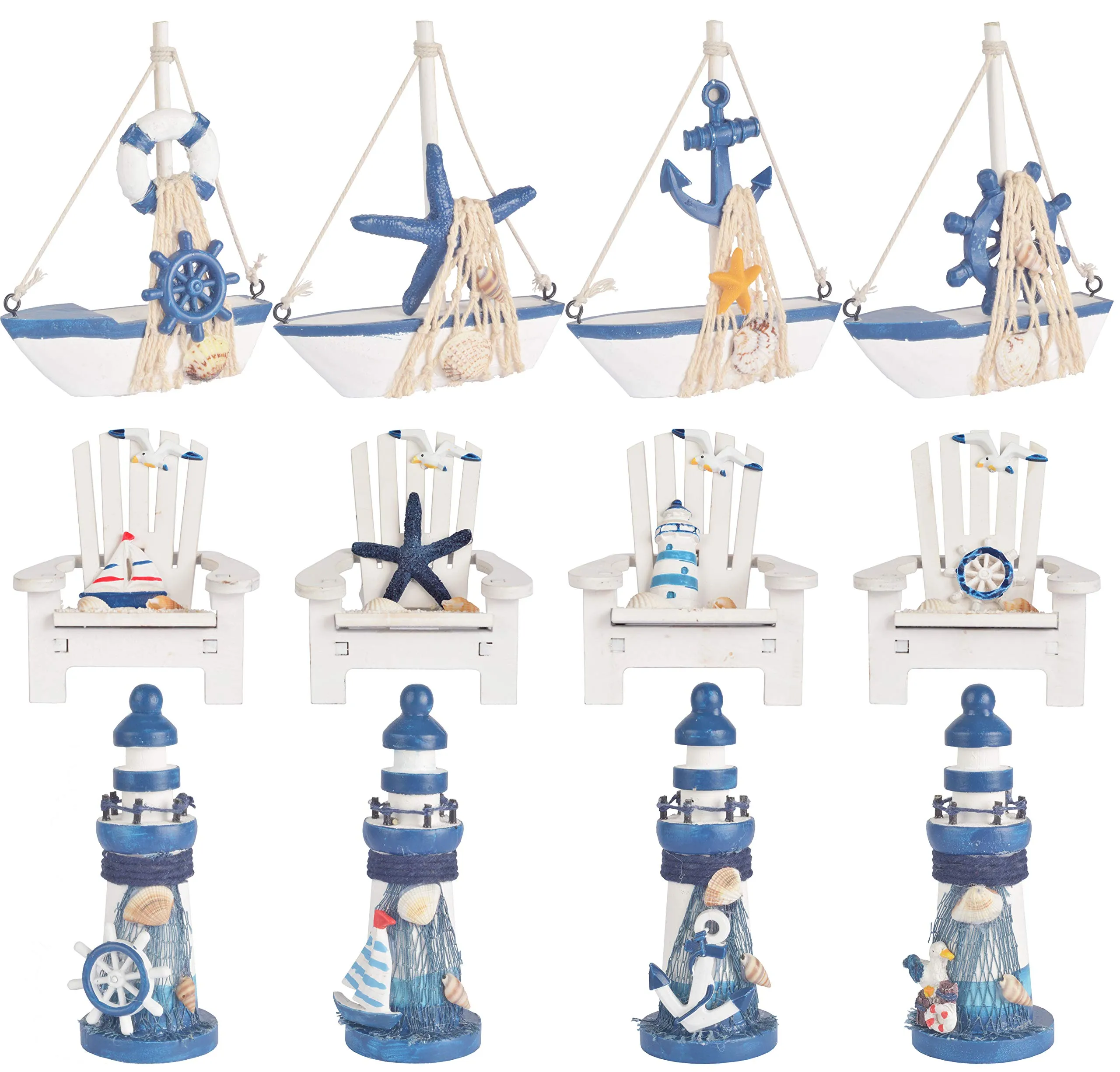 Wooden Mini Lighthouse, Mini Beach Chair Decor And Mini Sailboat Model Decoration, Wooden