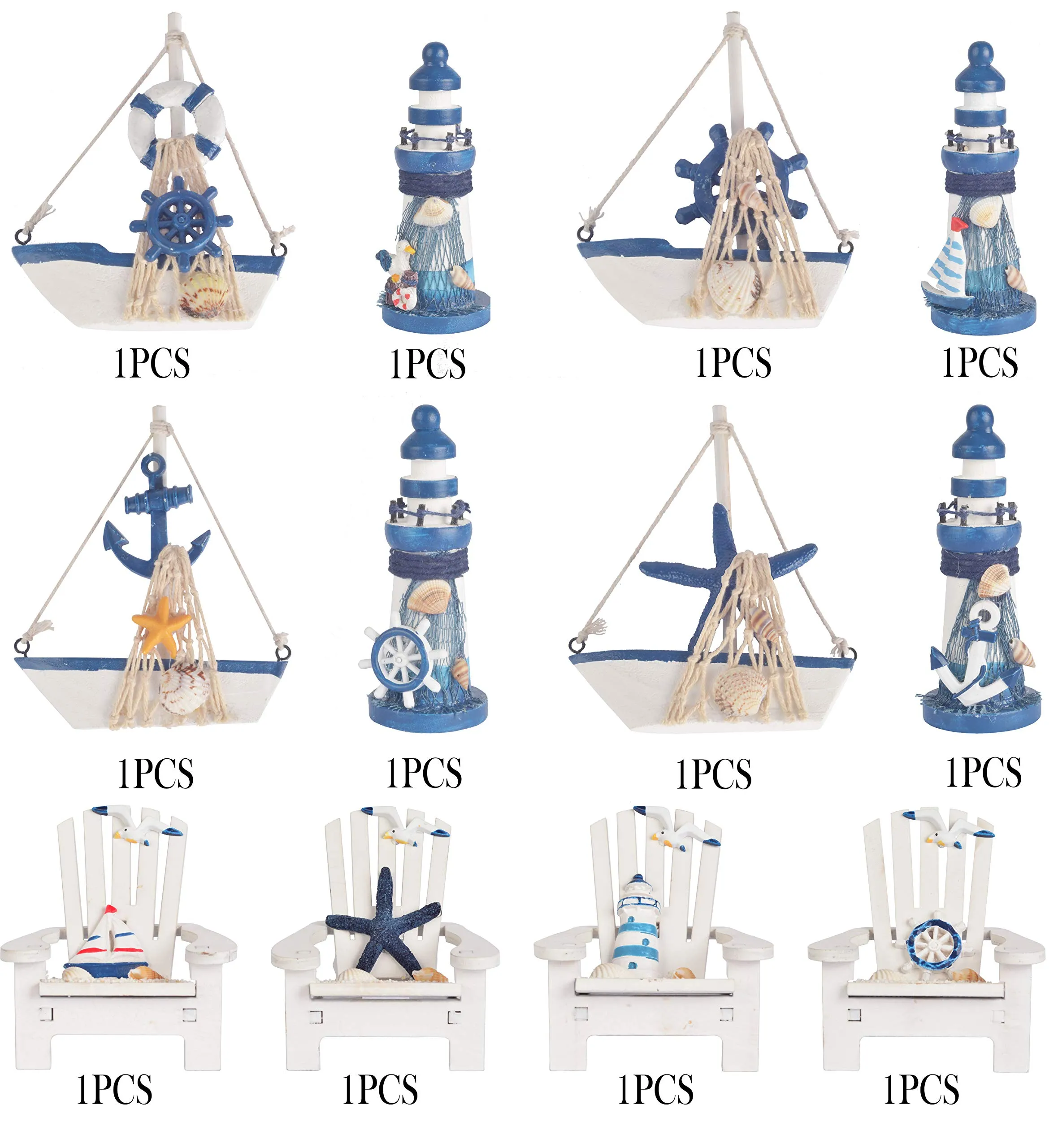 Wooden Mini Lighthouse, Mini Beach Chair Decor And Mini Sailboat Model Decoration, Wooden
