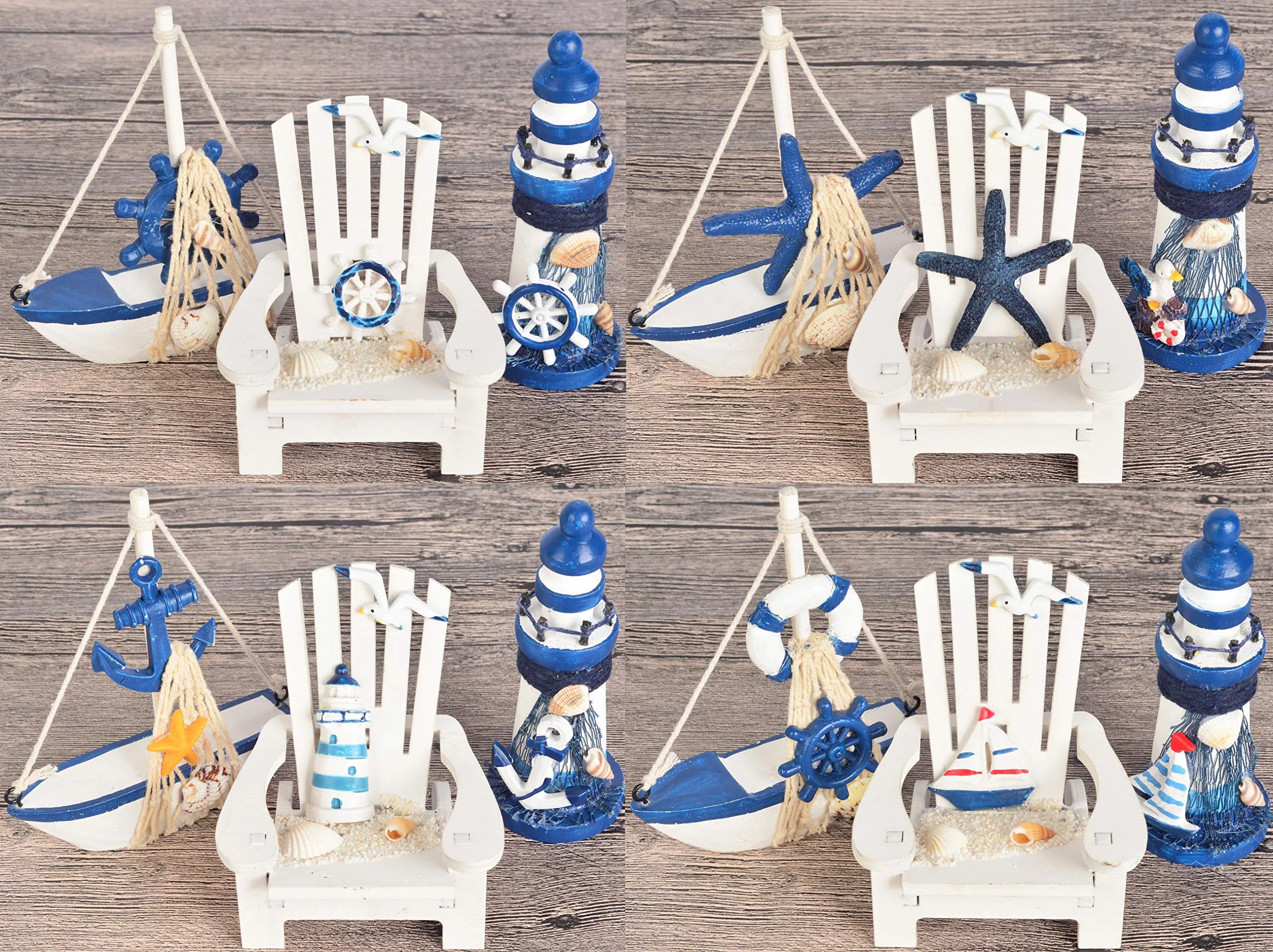 Wooden Mini Lighthouse, Mini Beach Chair Decor And Mini Sailboat Model Decoration, Wooden