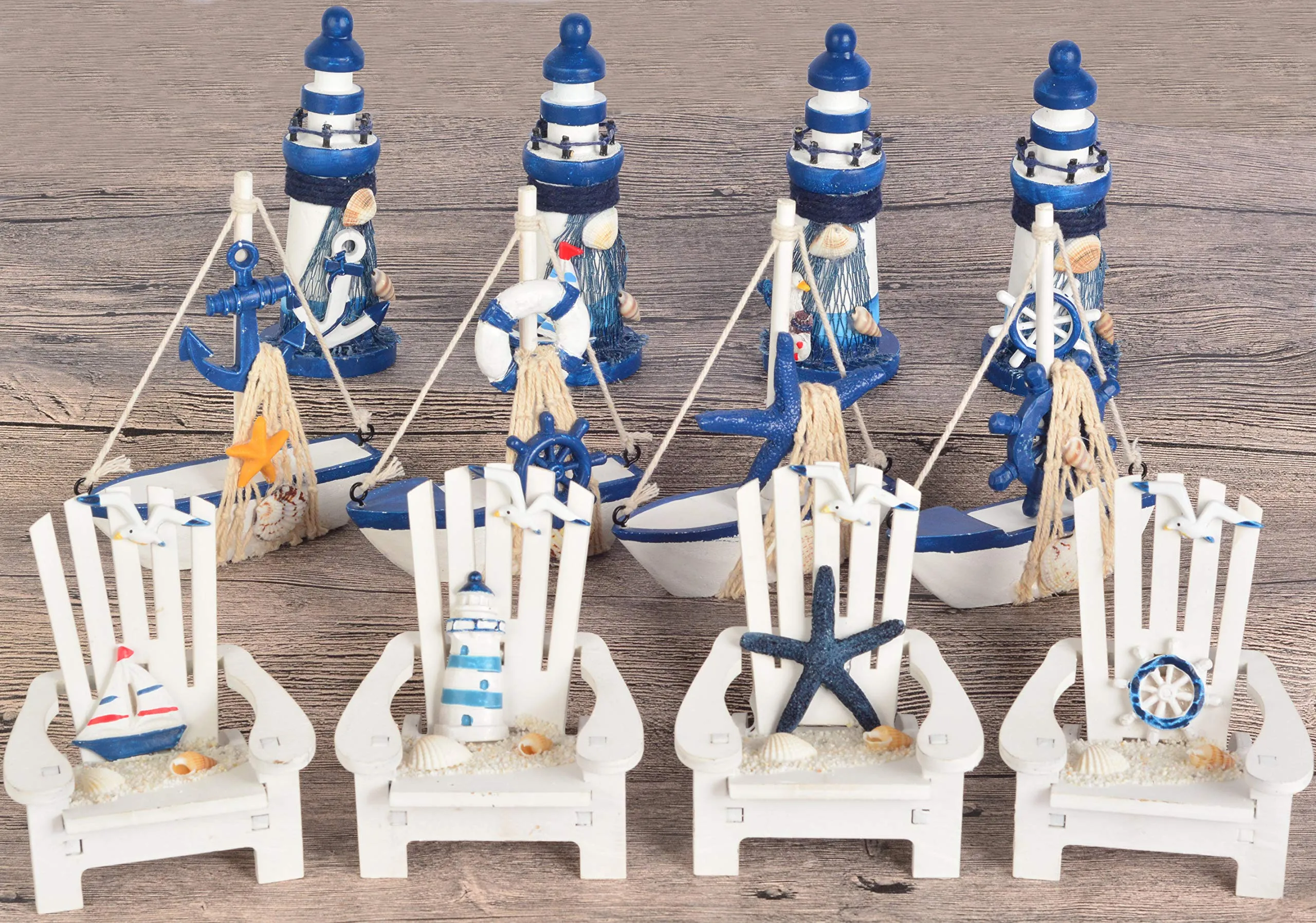 Wooden Mini Lighthouse, Mini Beach Chair Decor And Mini Sailboat Model Decoration, Wooden