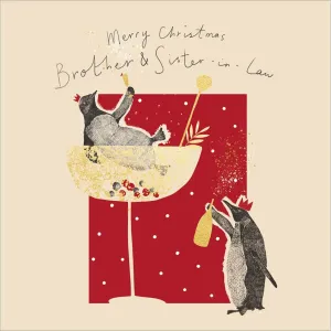 Woodmanstern Penguins Toasting Brother & Sister in Law Christmas Card