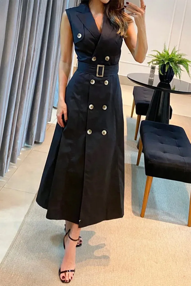 Work Elegant Solid Buttons With Belt V Neck Sleeveless Dress Dresses