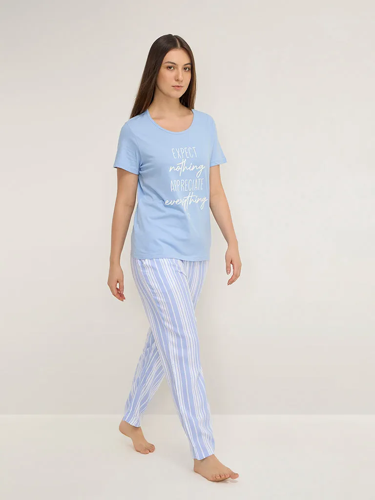 Wunderlove Light Blue Striped High-Rise Lounge Pants