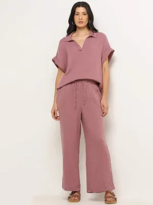 Wunderlove Light Brown Cotton Crinkle Textured Mid-Rise Beach Pants