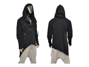 XS-8XL Men's Asymmetric Cut, Fleece Pullover, Black Jumper Top, Ashassin Tech Zipper Sleeve Goth Long Jacket Hoodie, Handmade Gift - BB098