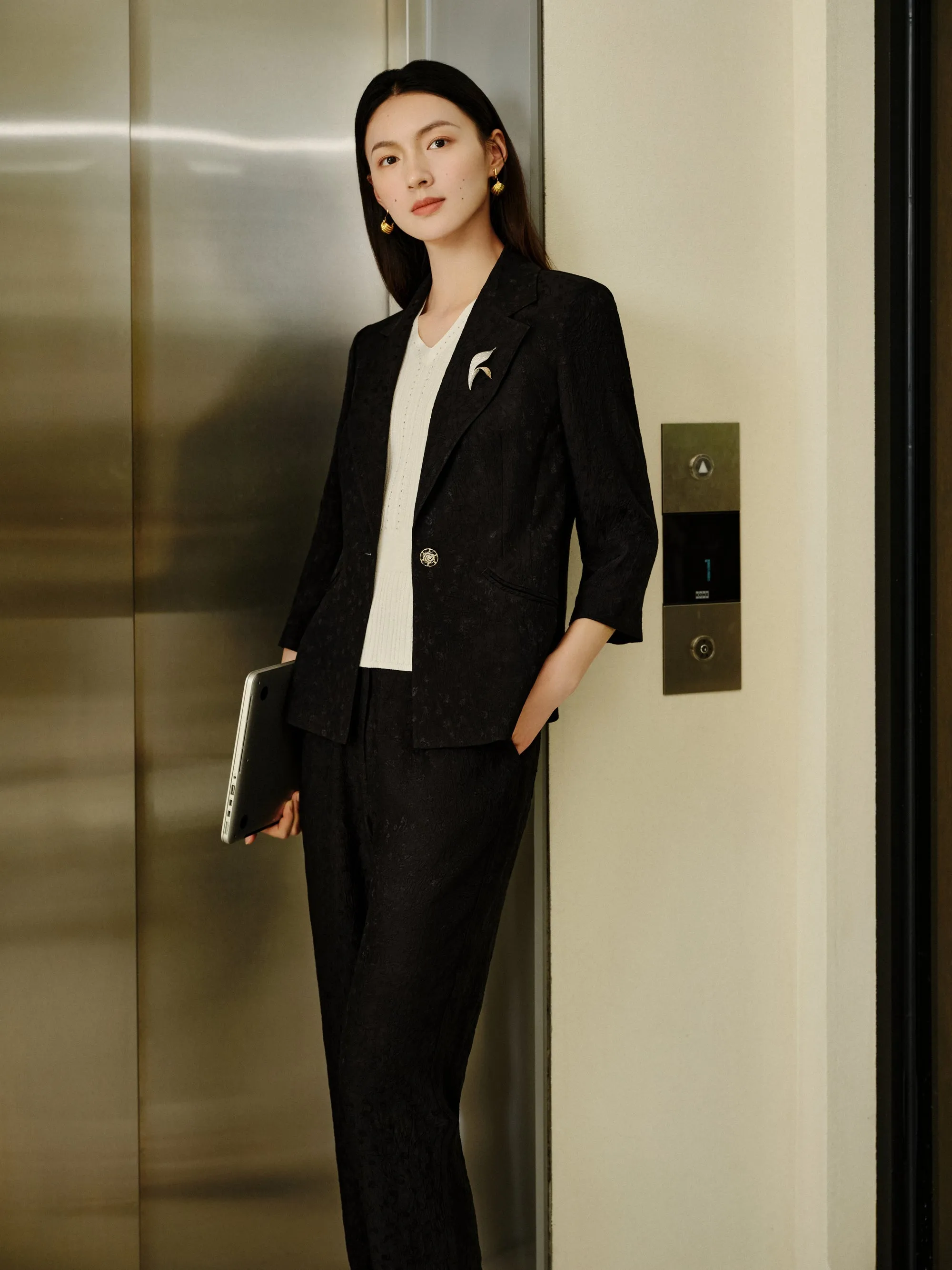 YAYING Jacquard Cinched Waist Blazer Jacket
