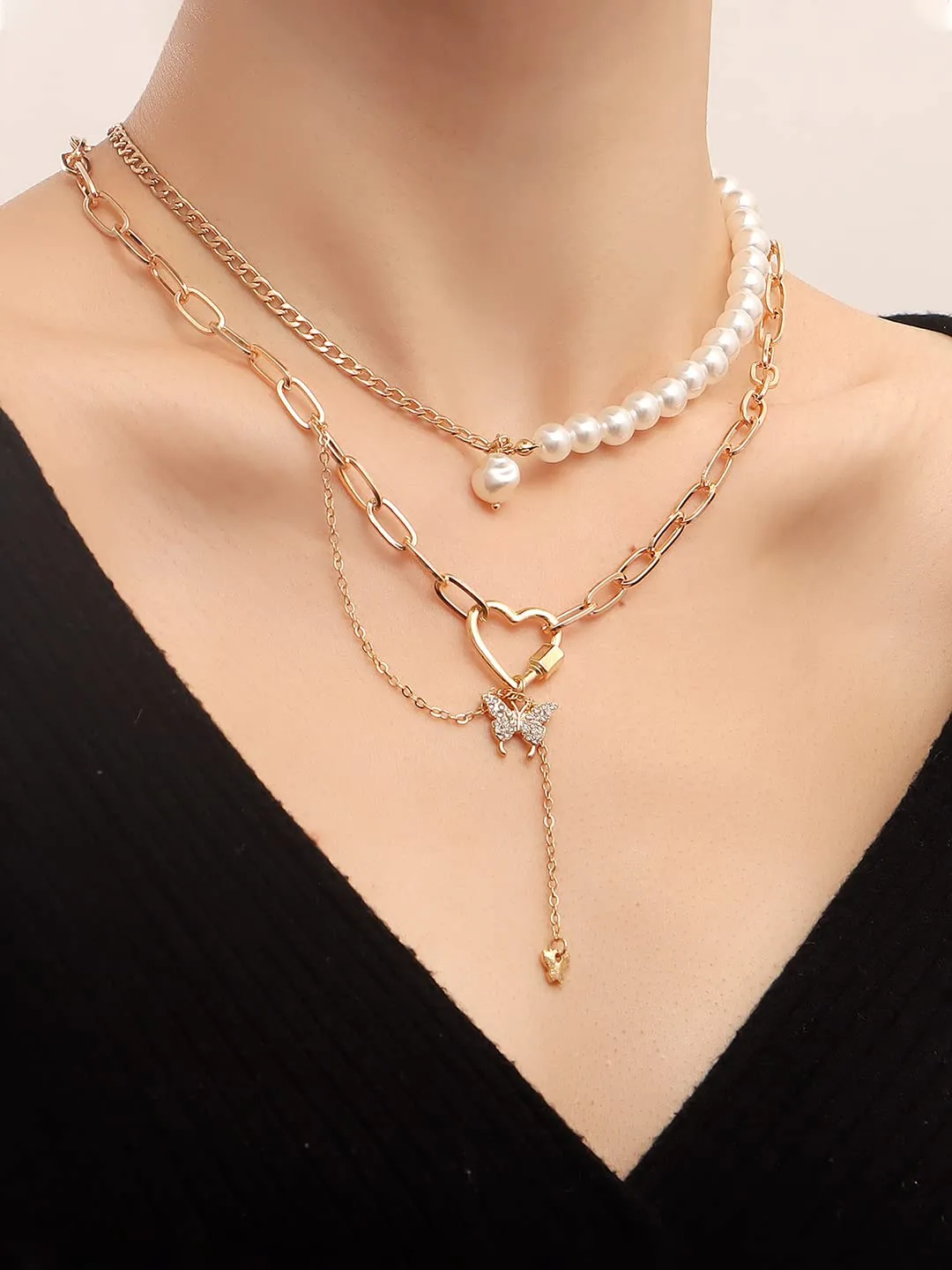 Yellow Chimes Necklace for Women and Girls Fashion Gold Layered Necklace | Western Multilayer Pearl Heart Chain Choker Necklace For women | Birthday Gift for Girls & Women Anniversary Gift for Wife