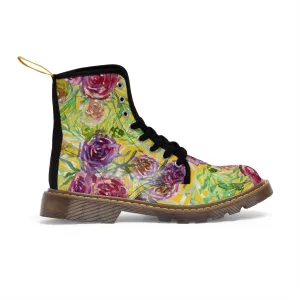 Yellow Rose Floral Women's Boots, Pink Purple Rose Flower Printed Hiking Combat Boots For Ladies
