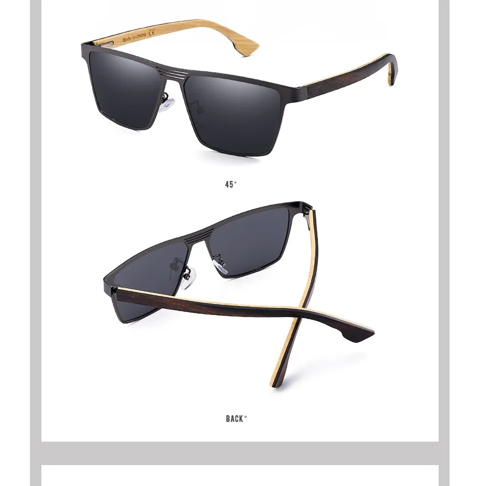 Yimaruili Unisex Full Rim Rectangular Bamboo/Wooden Frame Polarized Lens Sunglasses 8045