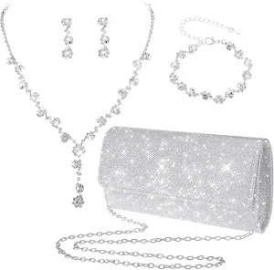 Yolev Bridal Wedding Jewelry Set Silver Clutch Purse Bag, Jewelry Set Necklace Earrings Bracelet Prom Jewelry Set for Brides Bridesmaid