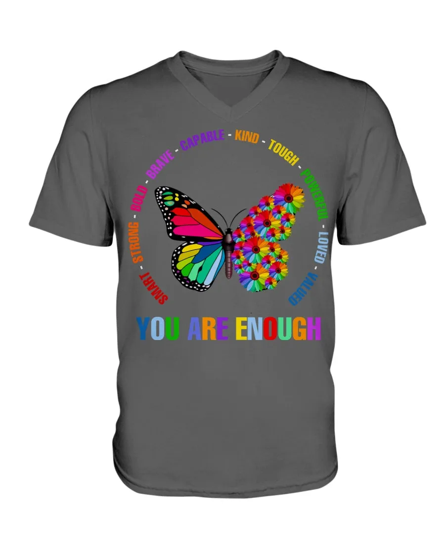 You Are Enough Butterfly And Flower Bella   Canvas Unisex Short Sleeve V-Neck Tee
