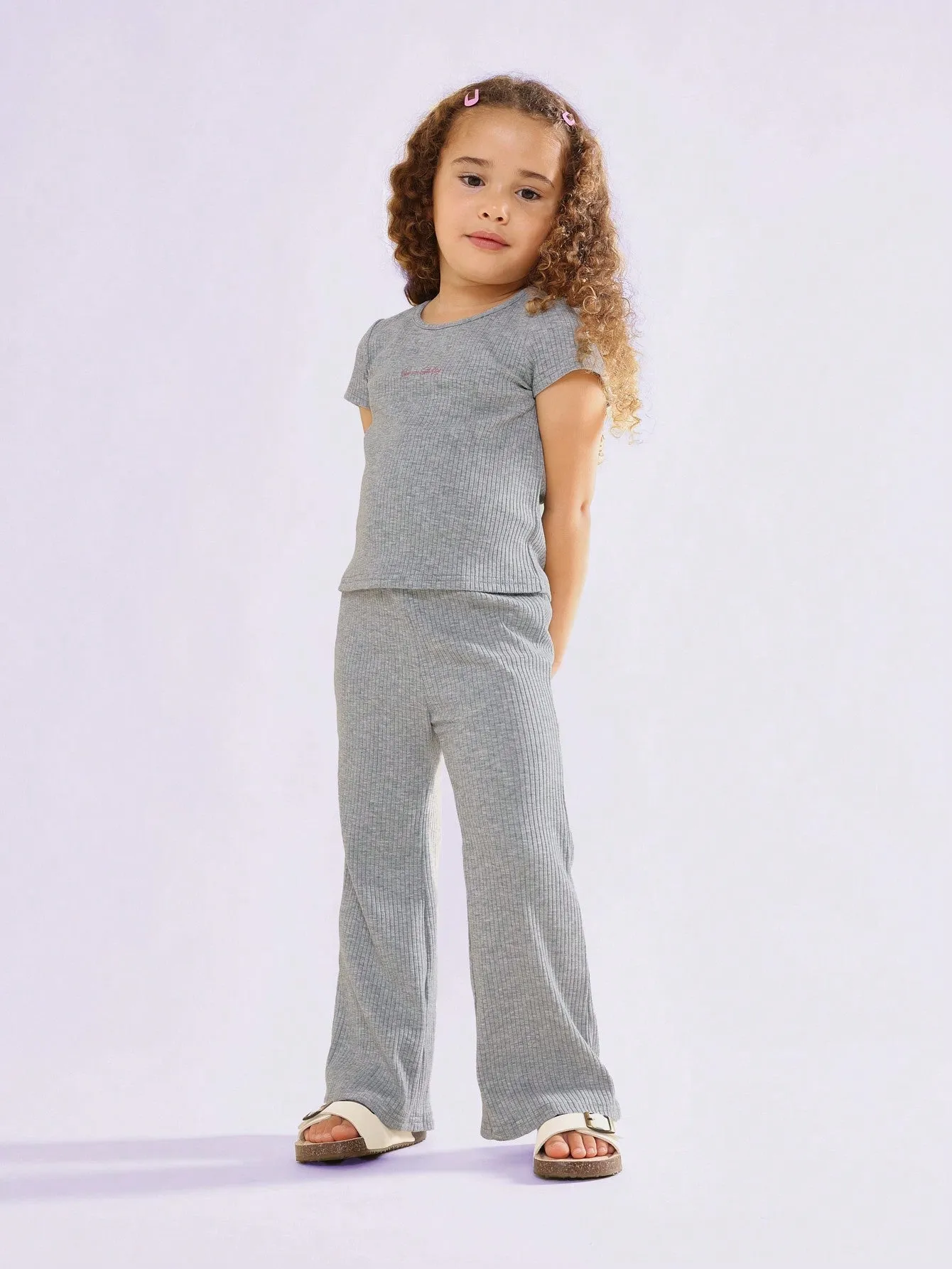 Young Girls Soft Ribbed Flare Fit 2 Piece Set With Embroidered Logo Graphic