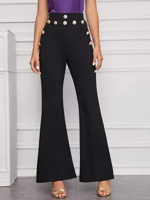 Zipper Side Gold Button Detail Flare Leg Pants