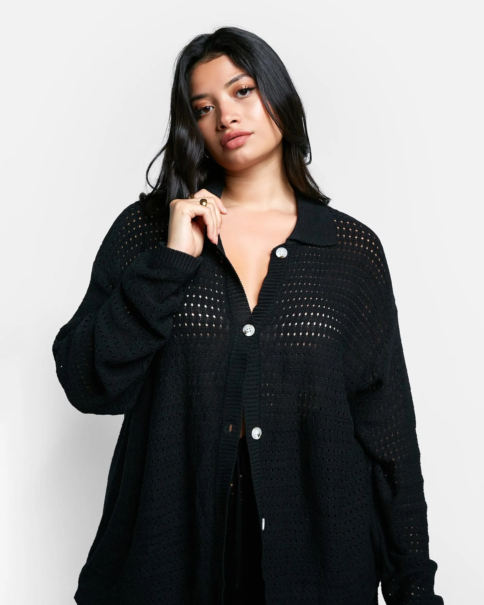 Zuri Crochet Oversized Button Front Blouse | Black