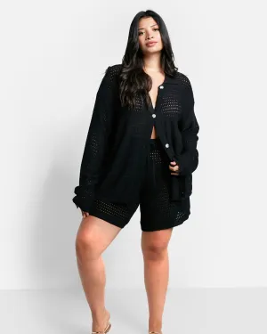 Zuri Crochet Oversized Button Front Blouse | Black